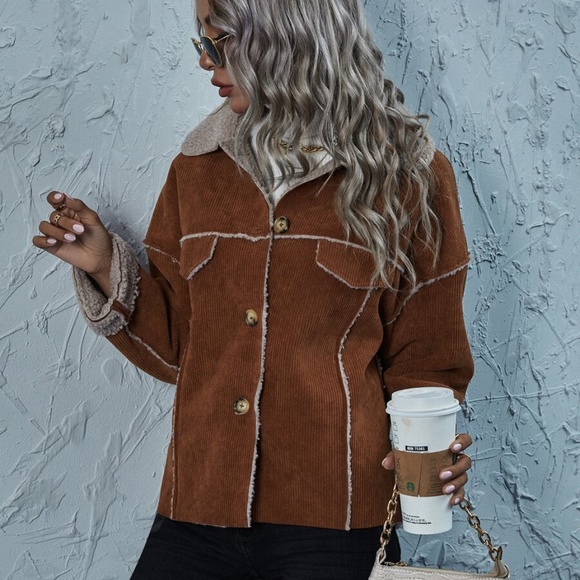 Corduroy button up teddy lined jacket coat rust - Picture 6 of 6